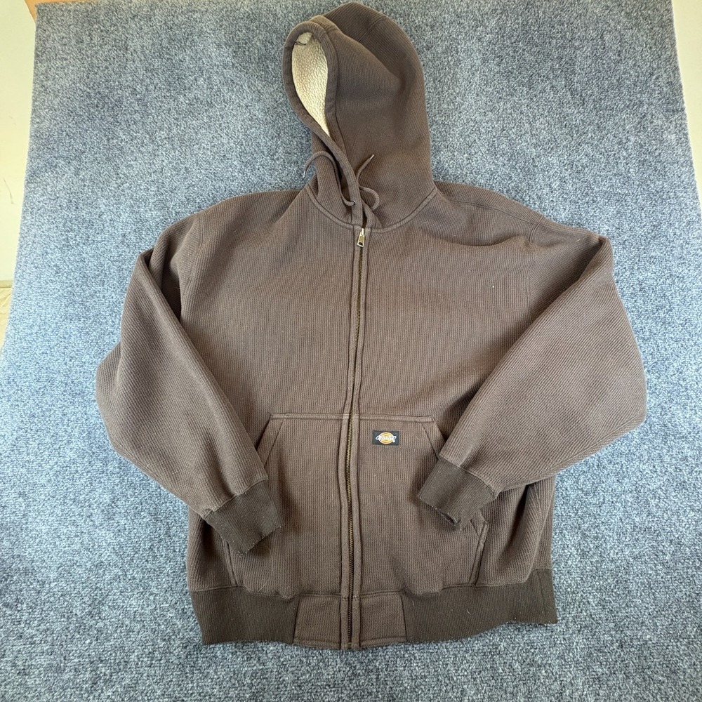 Dickies Jacket Mens XL Dark Brown Logo Bonded Waffle Knit Hooded Full Zip Winter